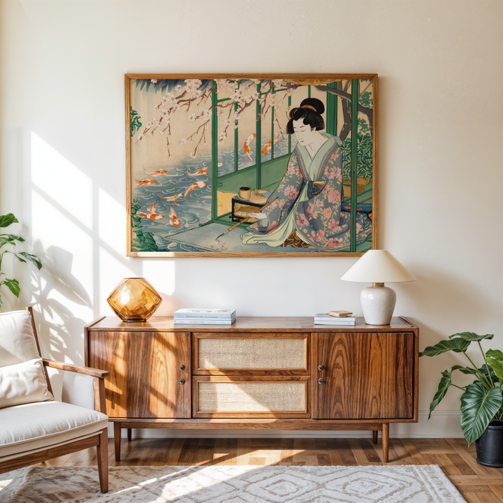 Ukiyo-e sakura koi Japandi wall decor print in soft vintage tones