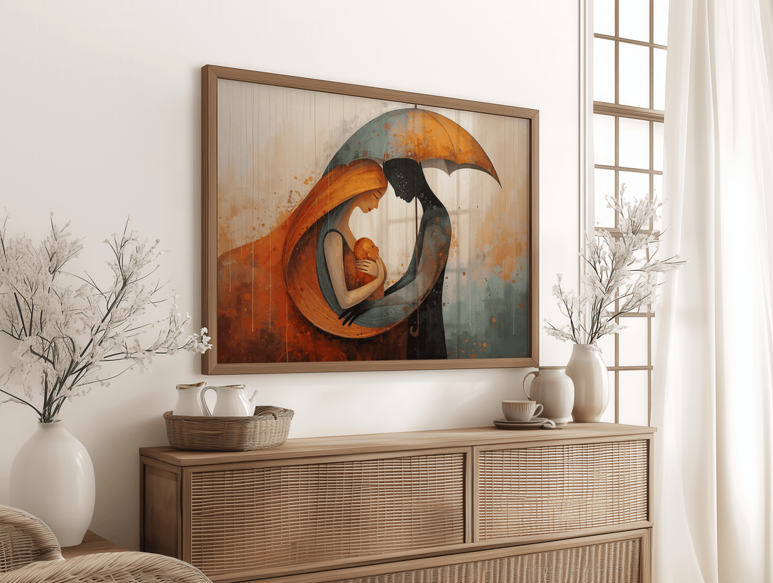 Abstract painting of parents protecting their baby under an umbrella