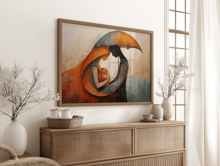 Abstract painting of parents protecting their baby under an umbrella