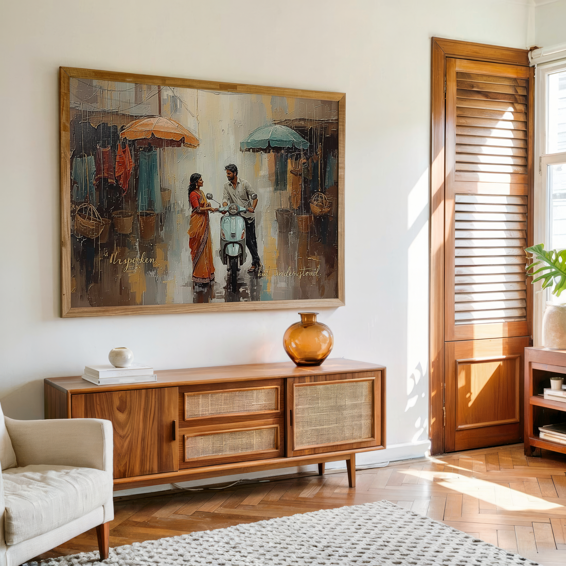 Romantic Indian couple standing beside scooter in rain, digital artwork printed on premium waterproof canvas with quote “Unspoken but Understood.”