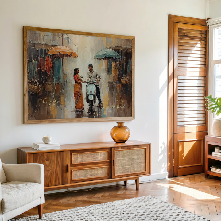 Romantic Indian couple standing beside scooter in rain, digital artwork printed on premium waterproof canvas with quote “Unspoken but Understood.”