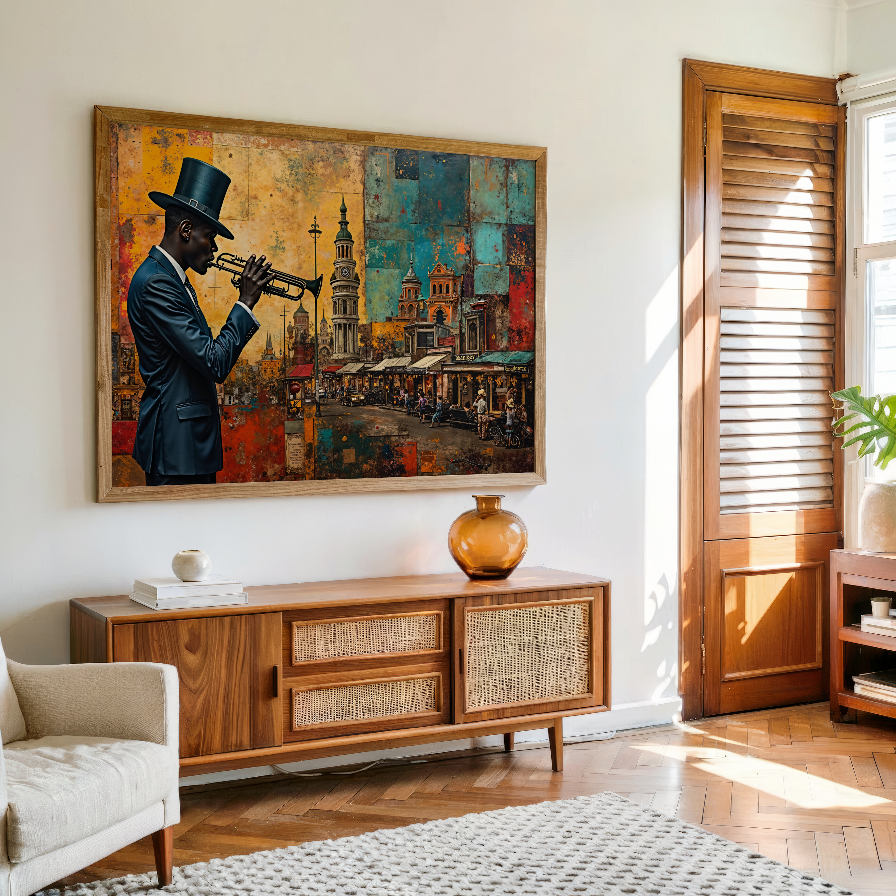 Living room with a large painting of a man playing a trumpet on the wall.