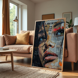 Urban liberty mixed media portrait with newspaper collage background, perfect for modern interiors