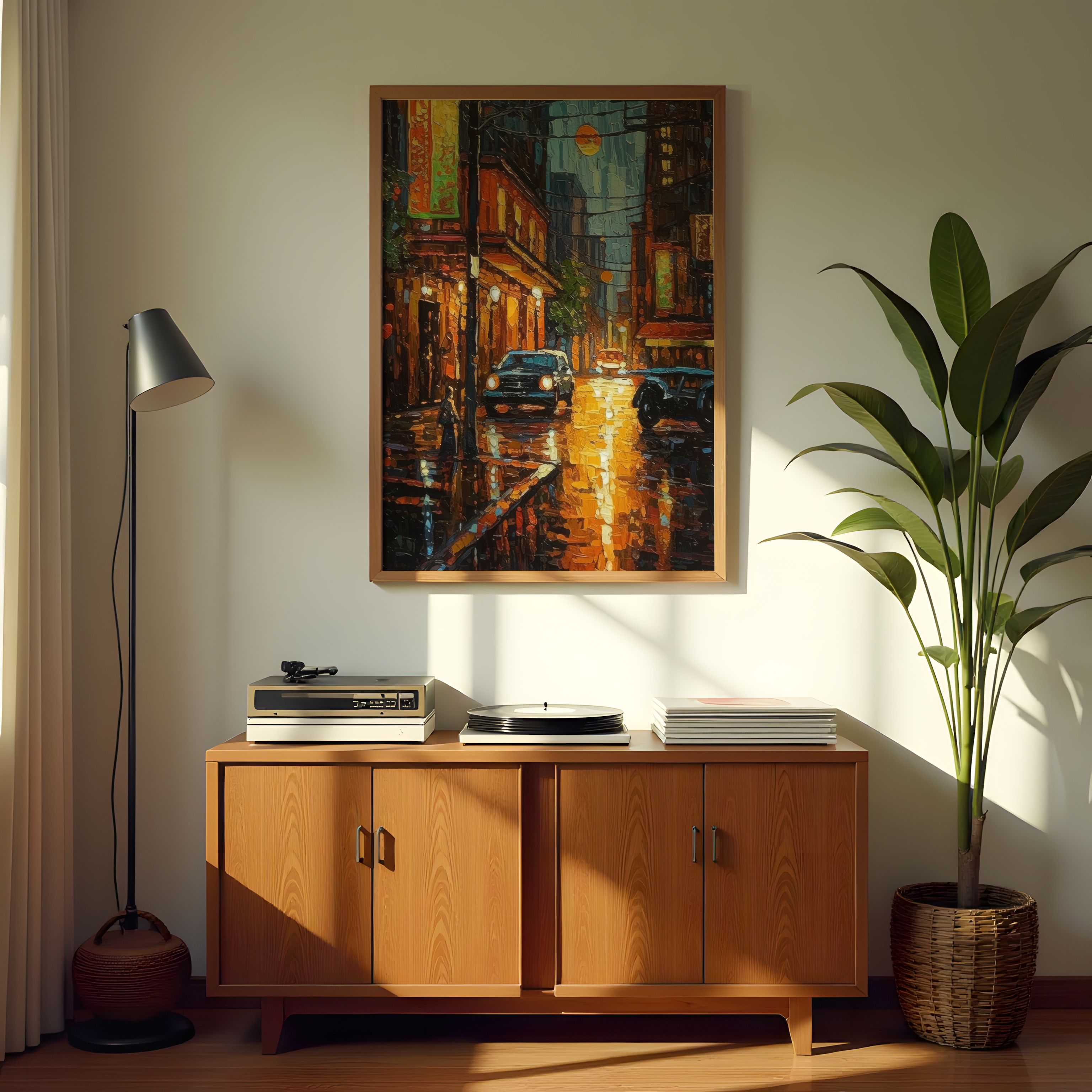 Cityscape wall art of cars on wet street at night