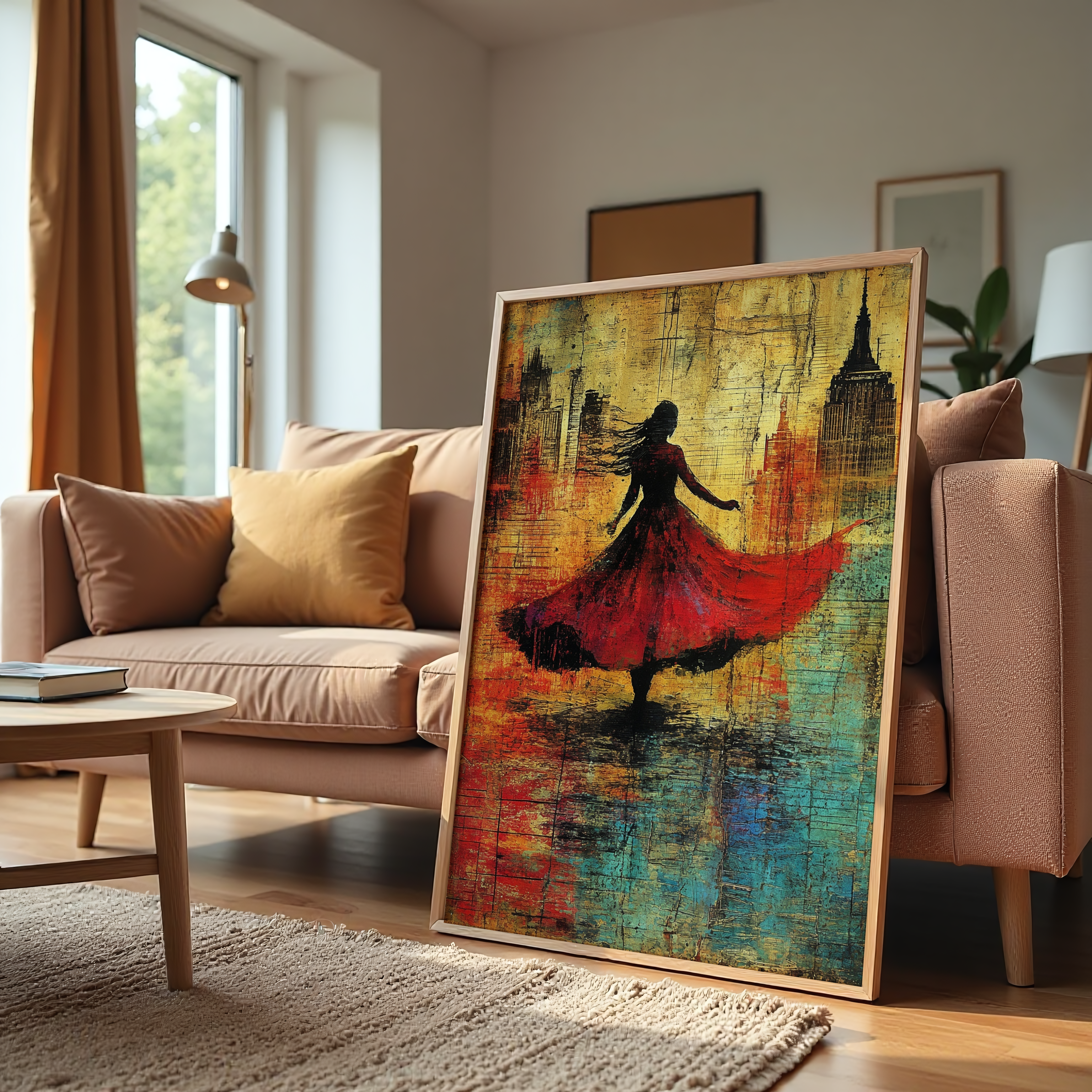 Modern wall art featuring a lone woman in red with a skyline in the background, symbolizing strength in solitude