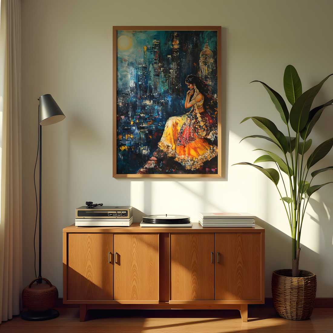 Vibrant canvas print of urban skyline and seated girl in yellow and red lehenga