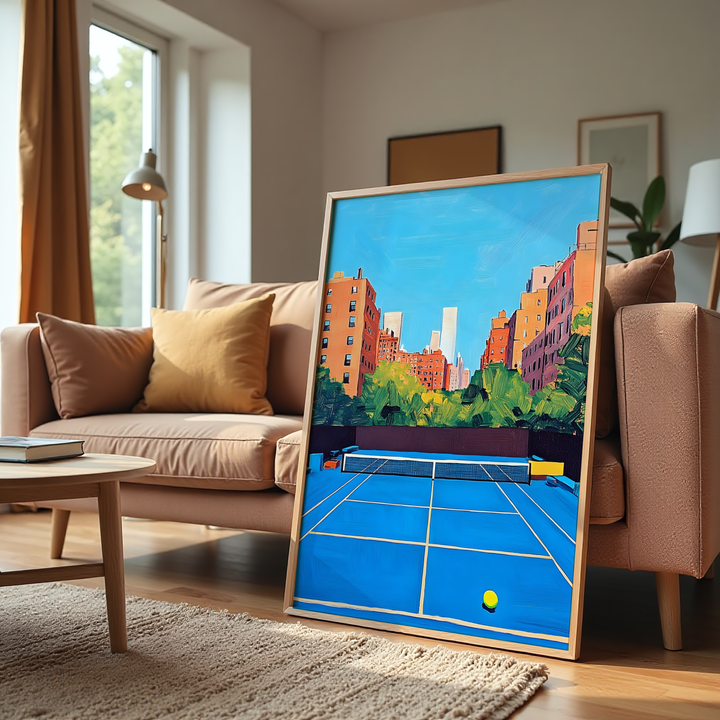 Urban tennis court canvas wall art with modern cityscape background