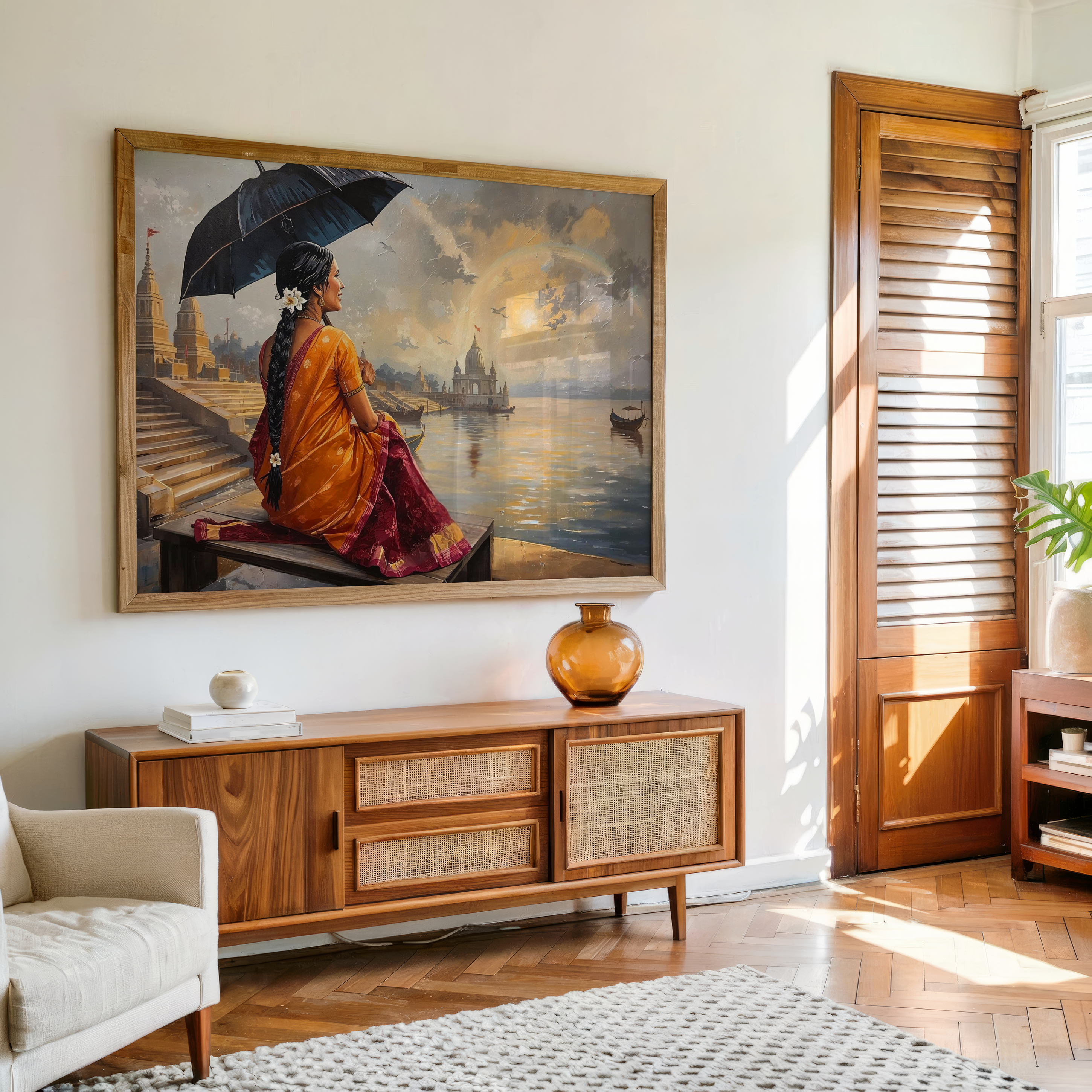 Indian woman with umbrella sitting by Ganga Ghat in rain – canvas wall art