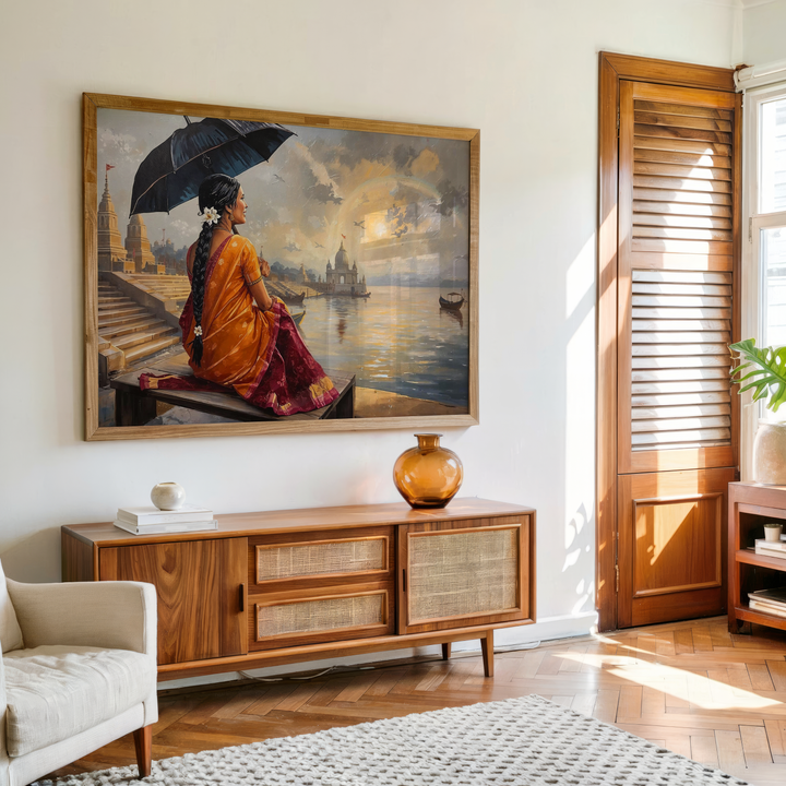 Indian woman with umbrella sitting by Ganga Ghat in rain – canvas wall art