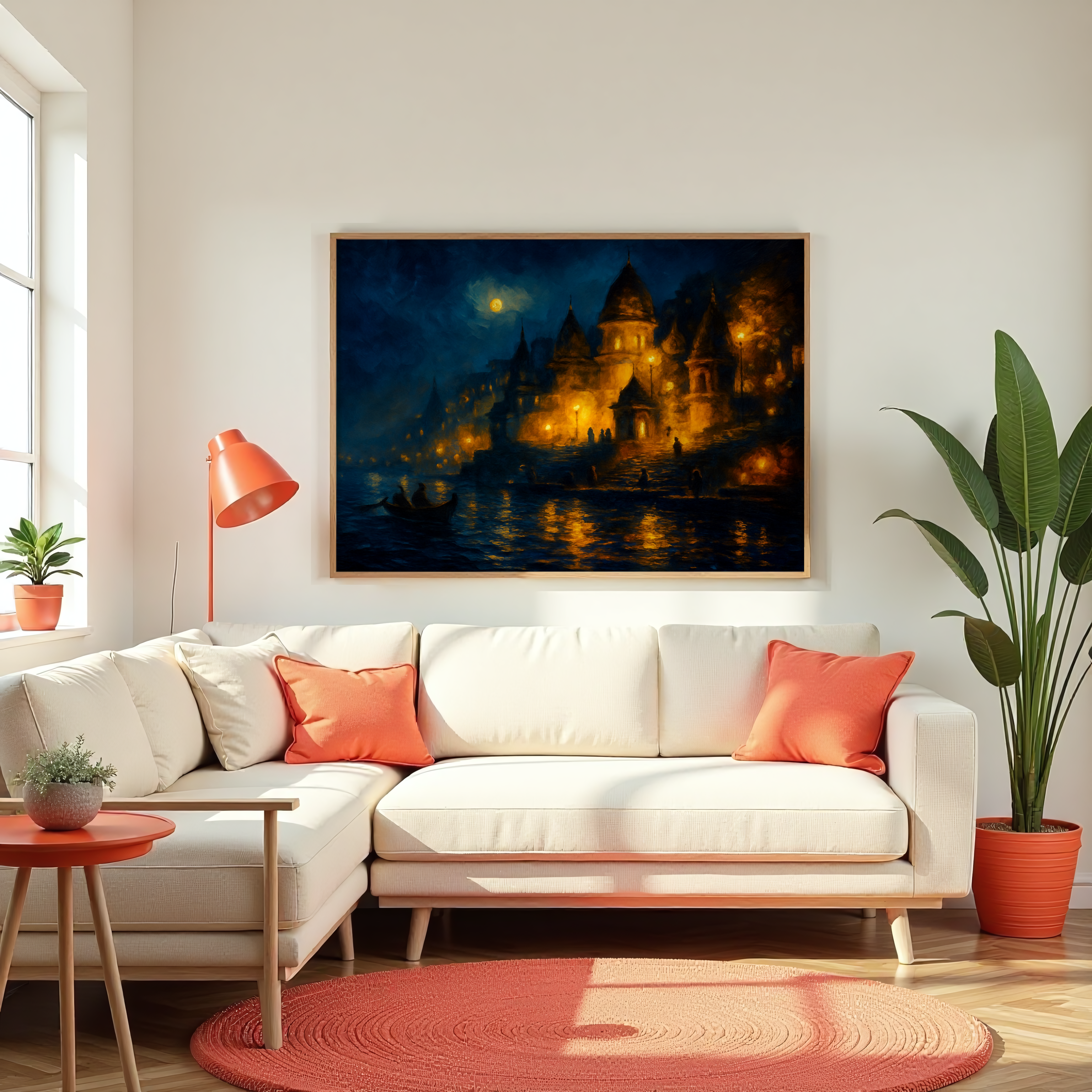 Peaceful Varanasi night ghat art for bedroom or meditation space wall decor