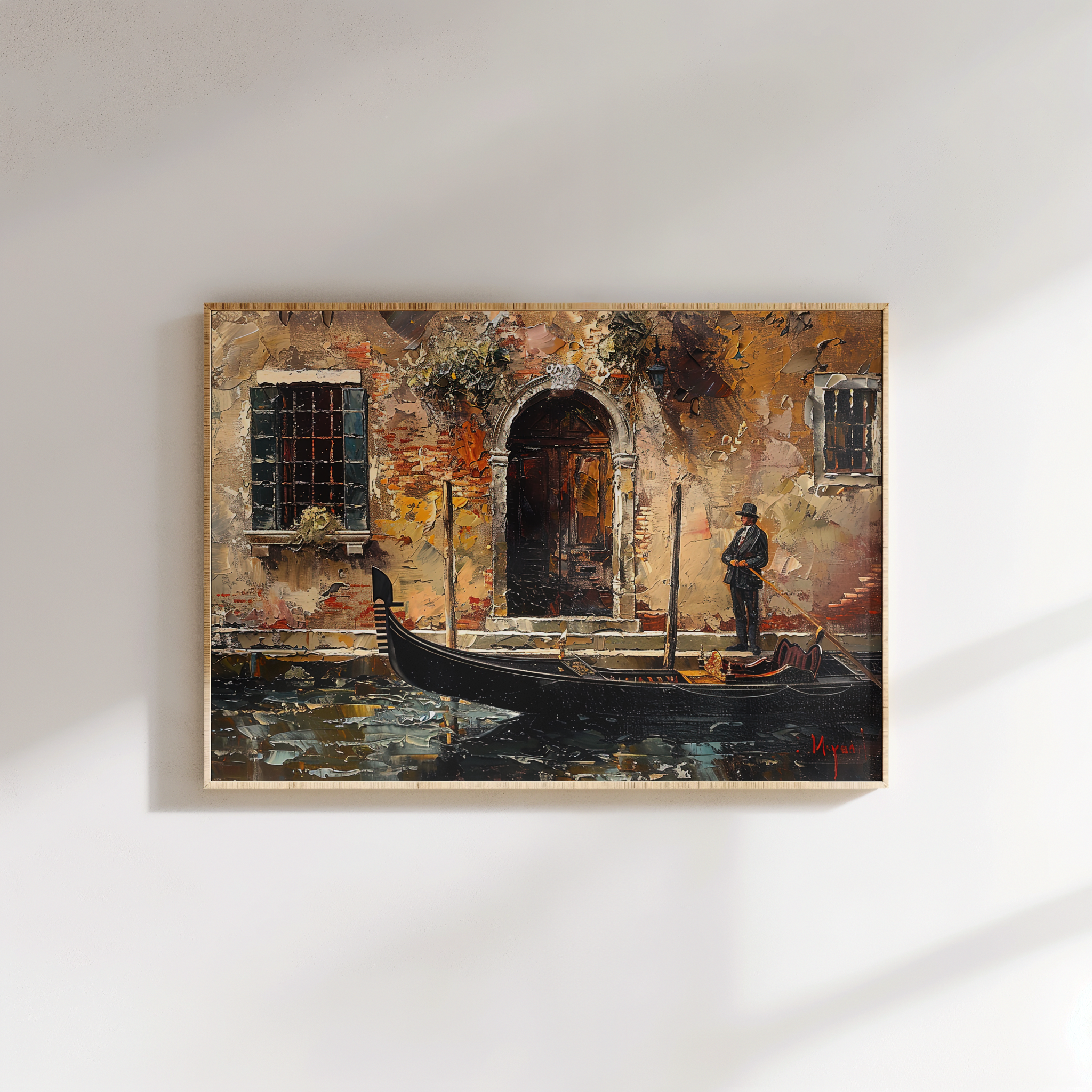 Venetian gondola canvas wall art with rustic Italian house