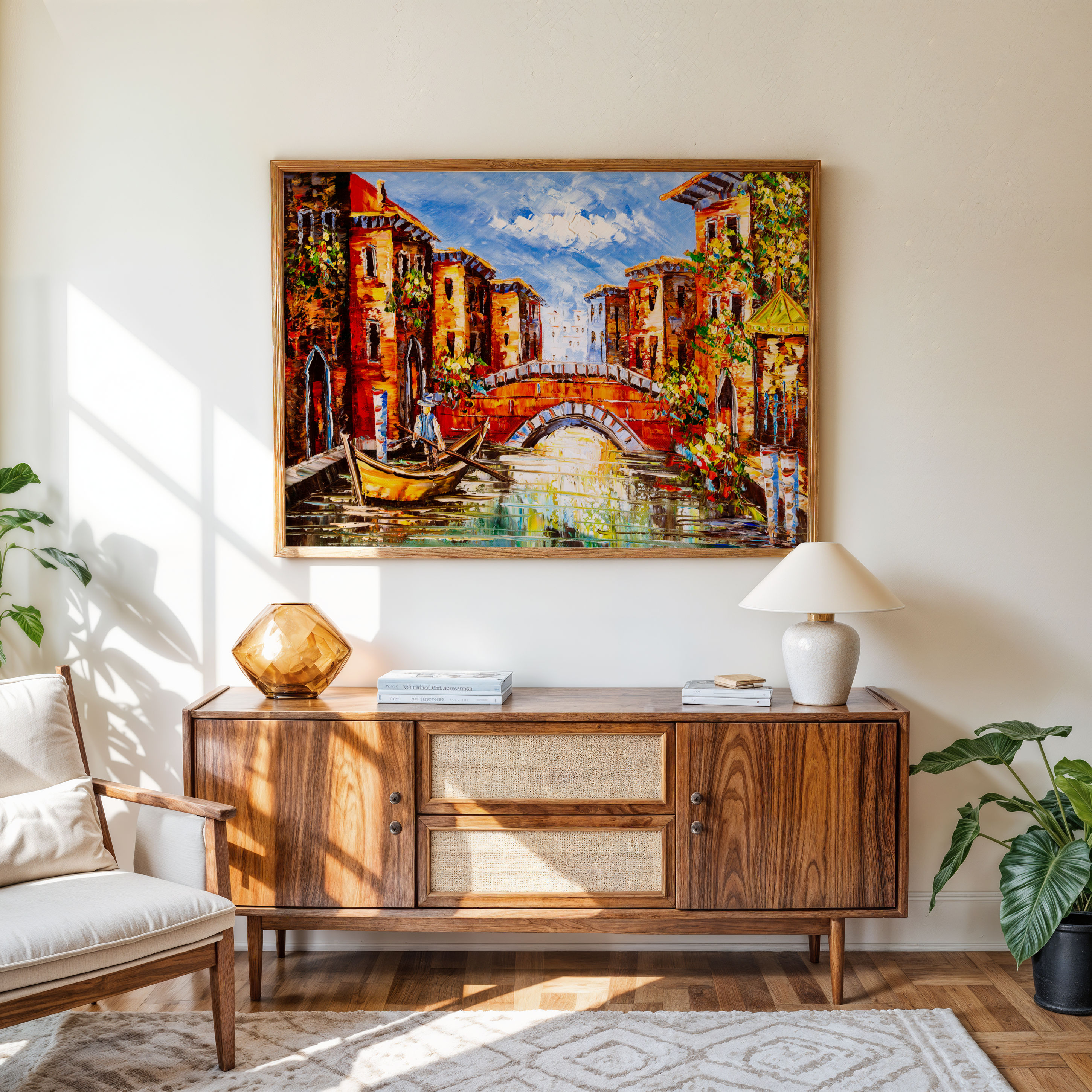 Living room with wooden sideboard, lamp, and painting of a bridge over a canal.