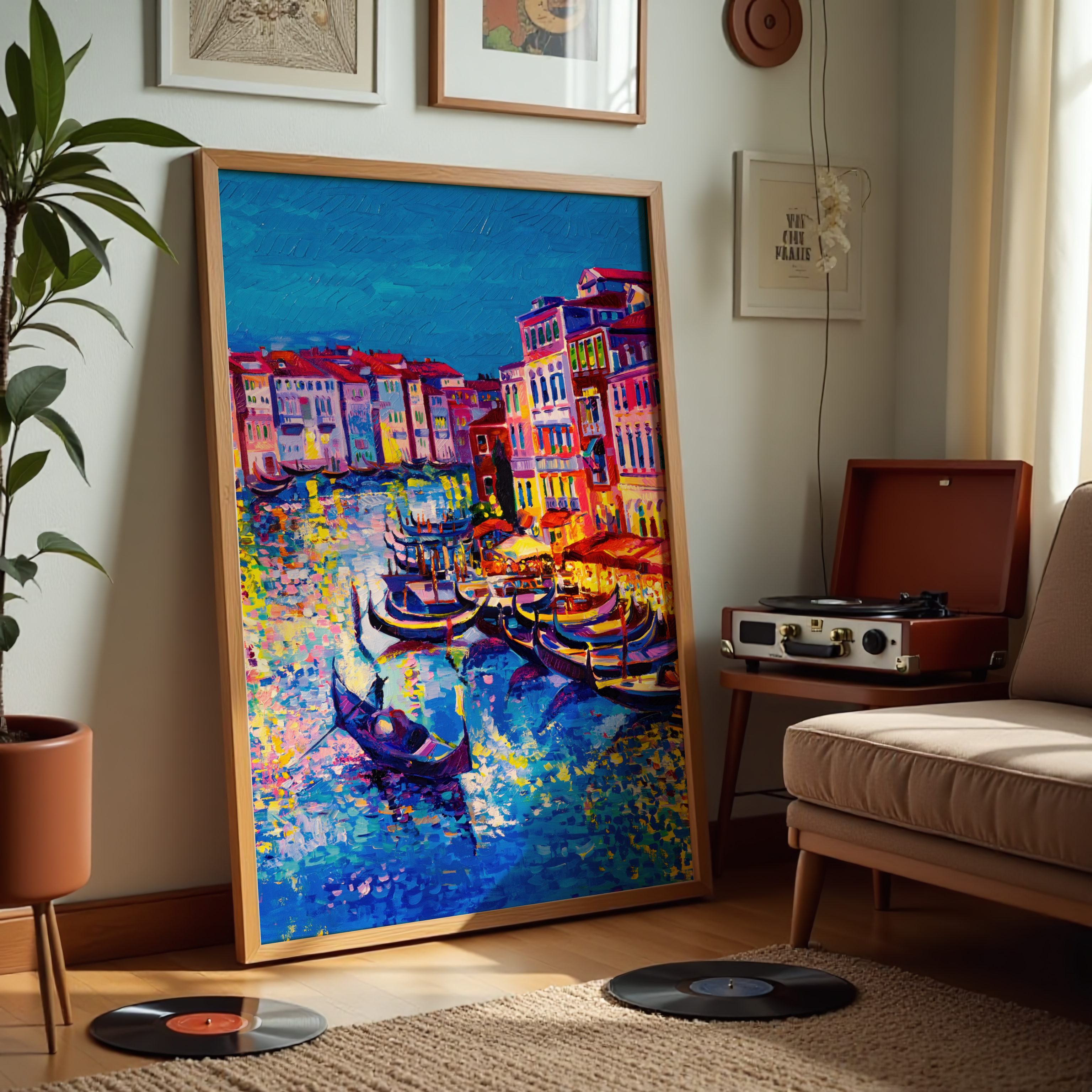 Framed painting of a colorful canal scene in a living room.