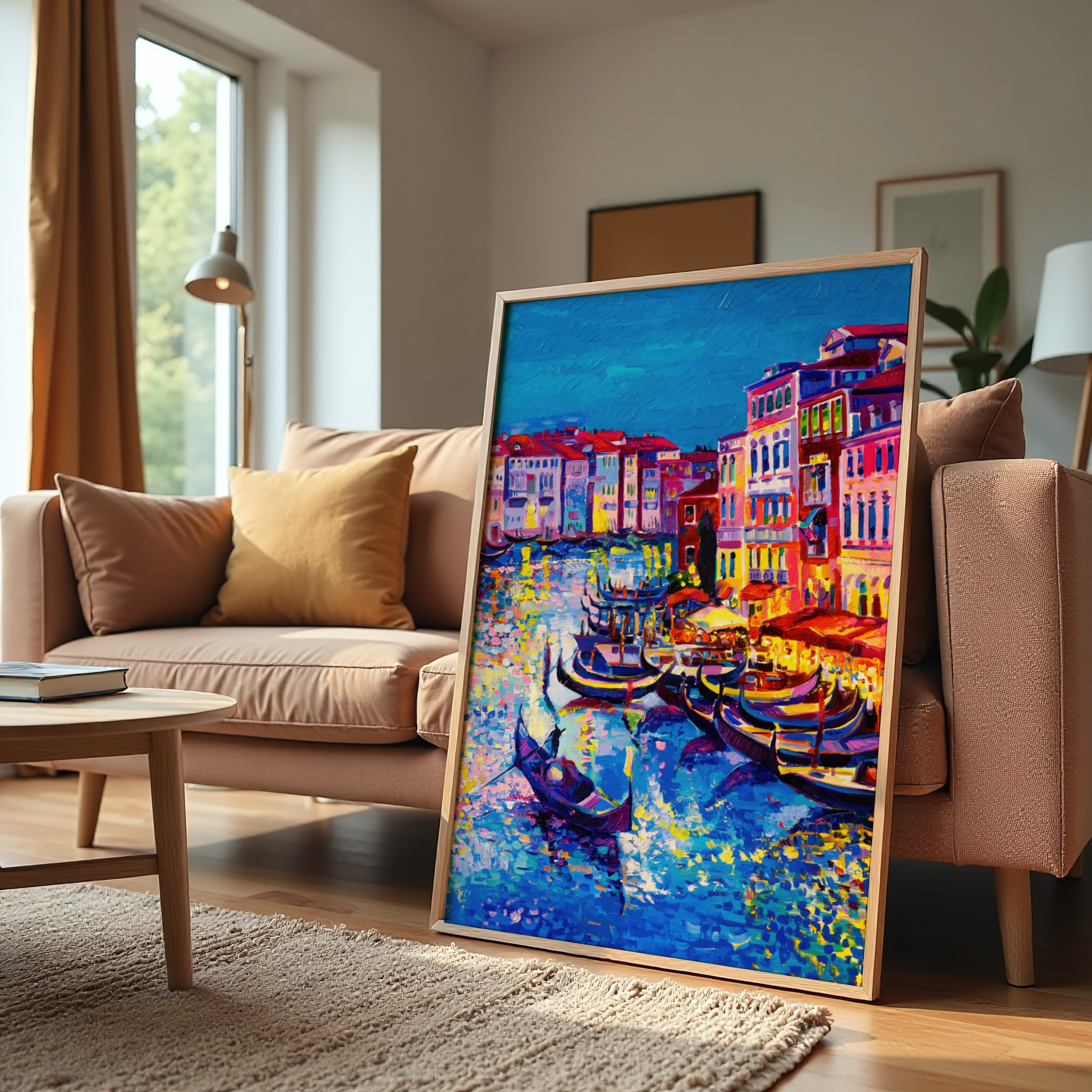 Colorful painting of a canal scene in a living room