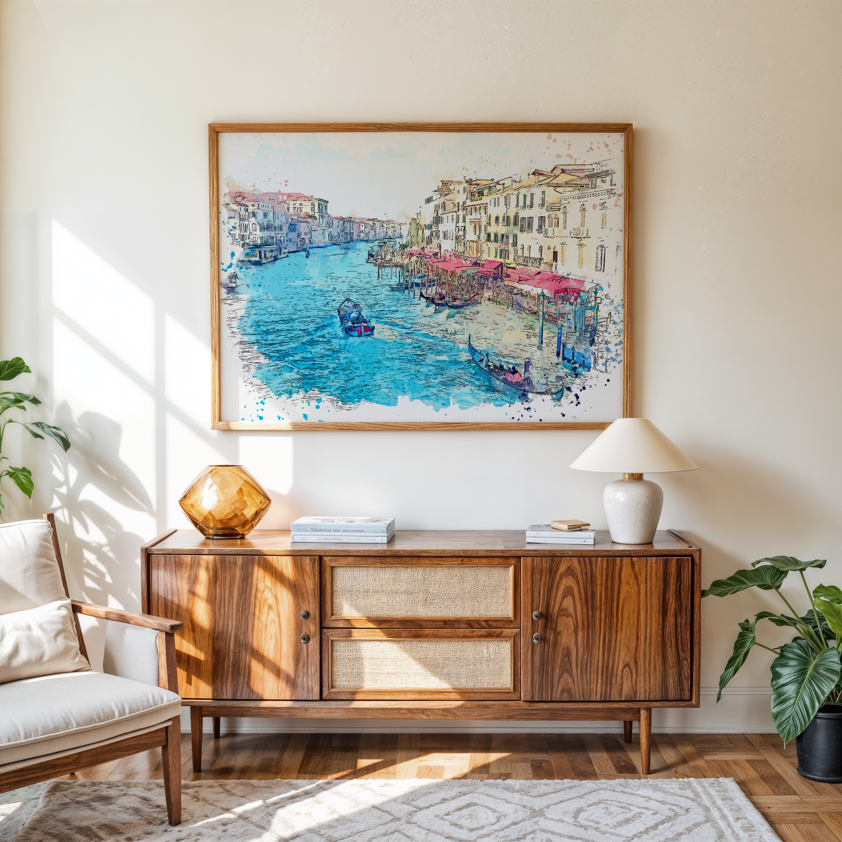 Framed Venice cityscape canvas art featuring gondolas and architecture