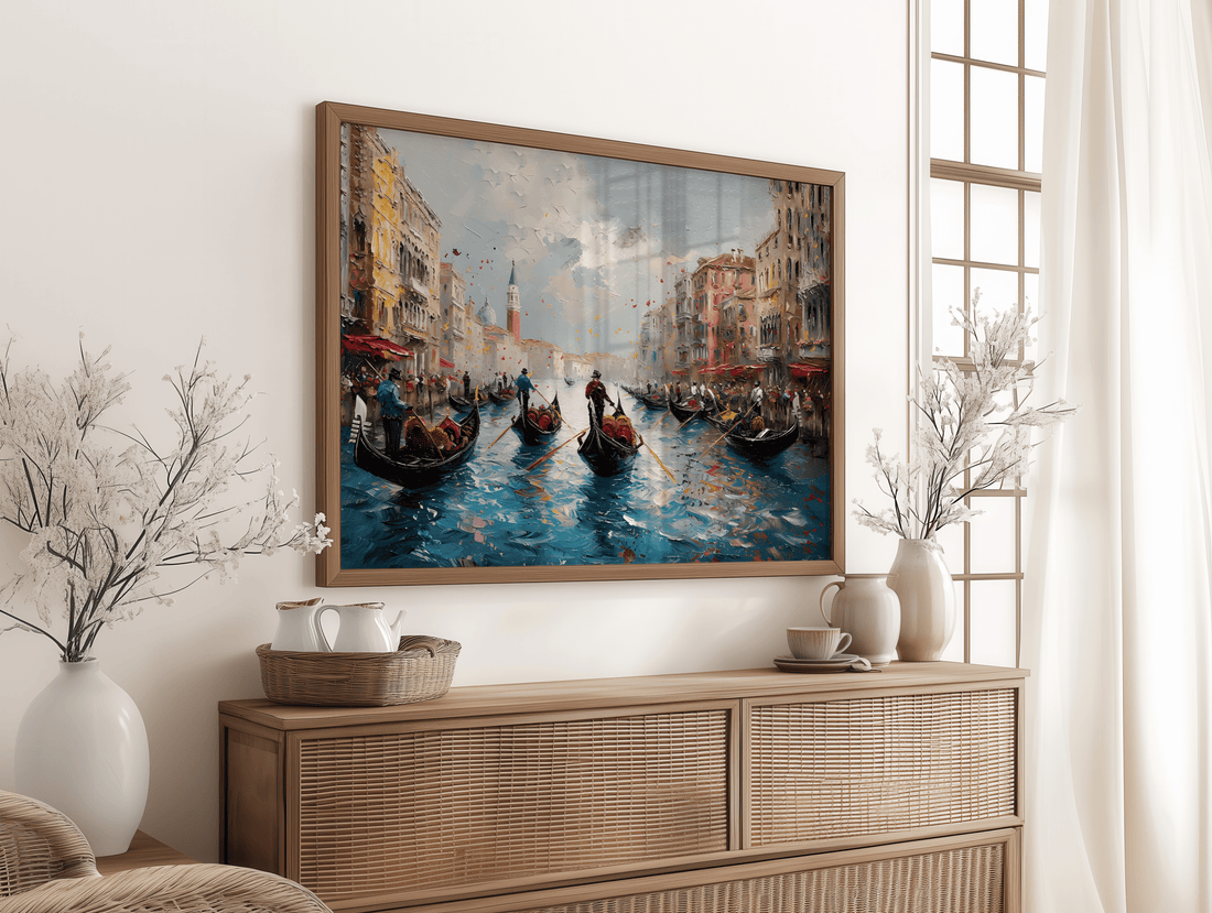 Venice gondola canal wall art canvas print with colorful buildings and water reflections