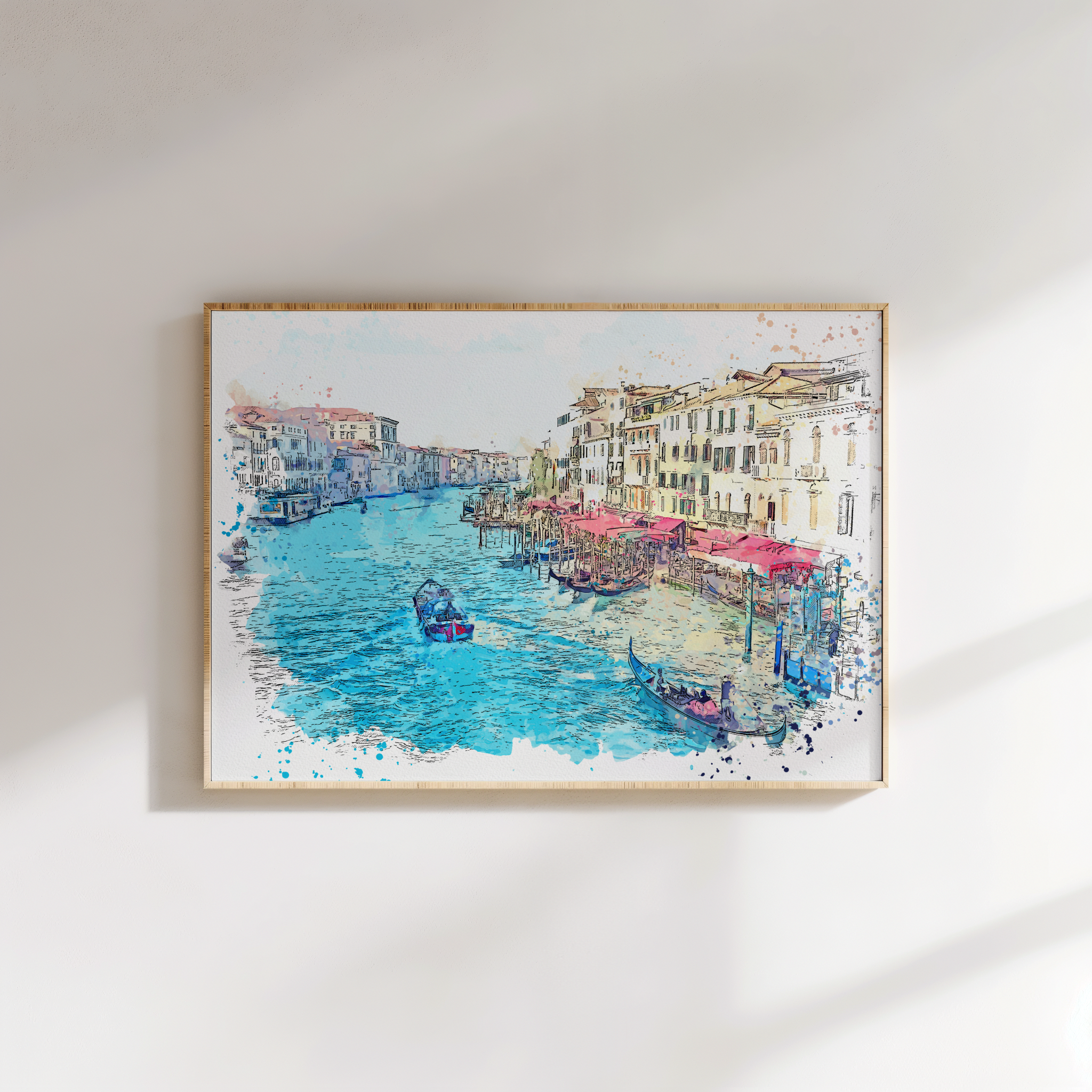 Digital painting of Venice canal and gondolas, Italian city wall déco