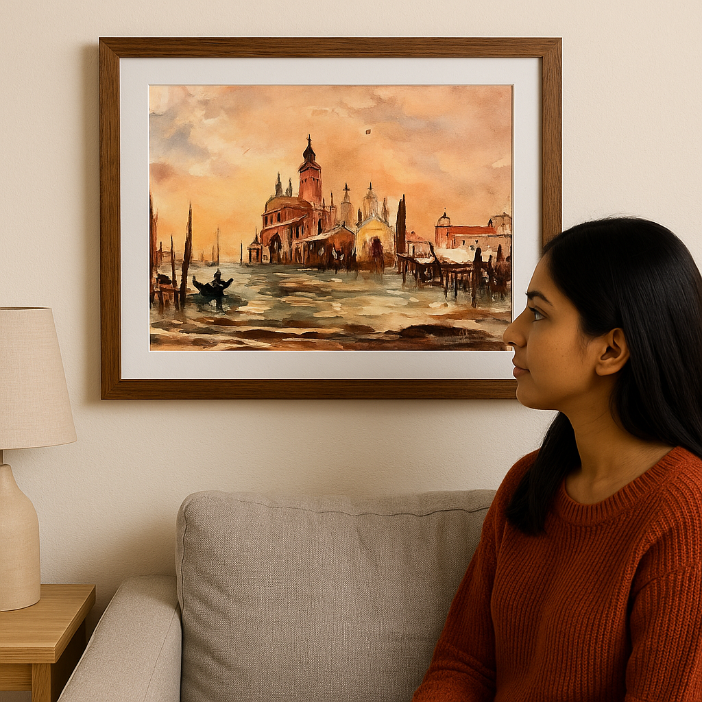 Indian woman admiring framed Venice canvas wall art in cozy living room setting