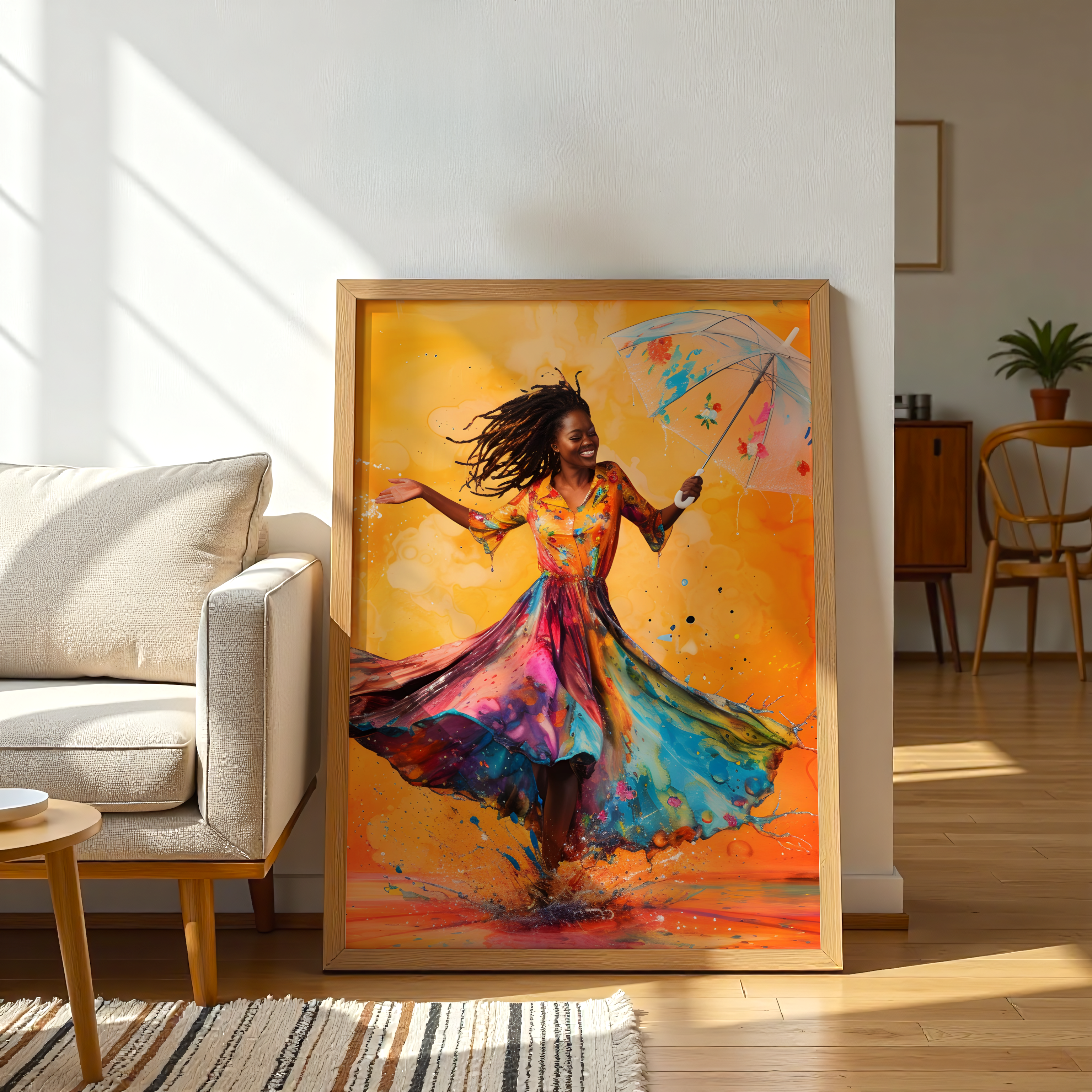 Joyful Afrocentric digital painting of woman in colorful dress — canvas-only wall art for bold interior decor.
