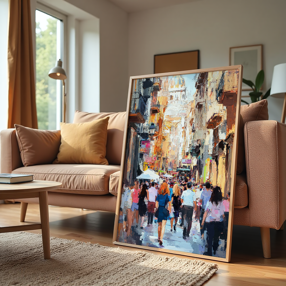 Vibrant city street painting with crowd and architecture