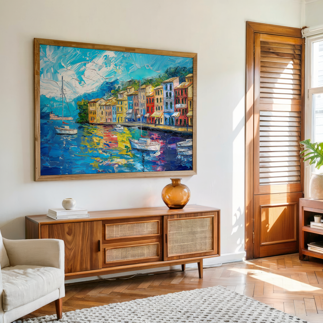 Abstract painting of a colorful harbor town with boats and vibrant buildings