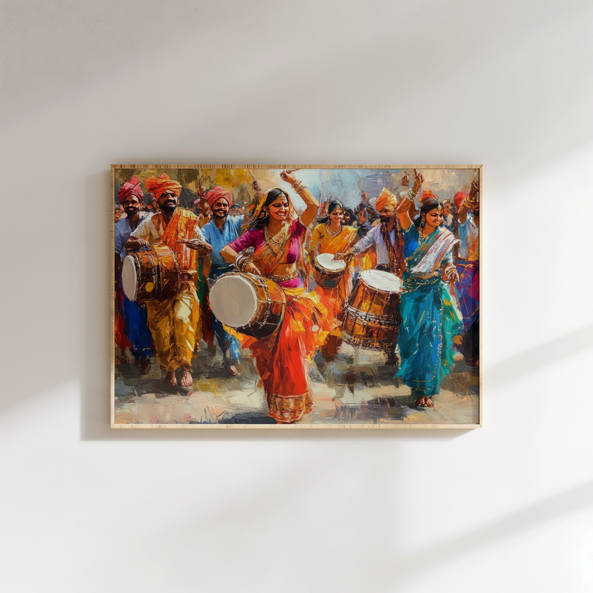Framed canvas painting of cultural Indian celebration showing dancers and drummers during a lively festival parade