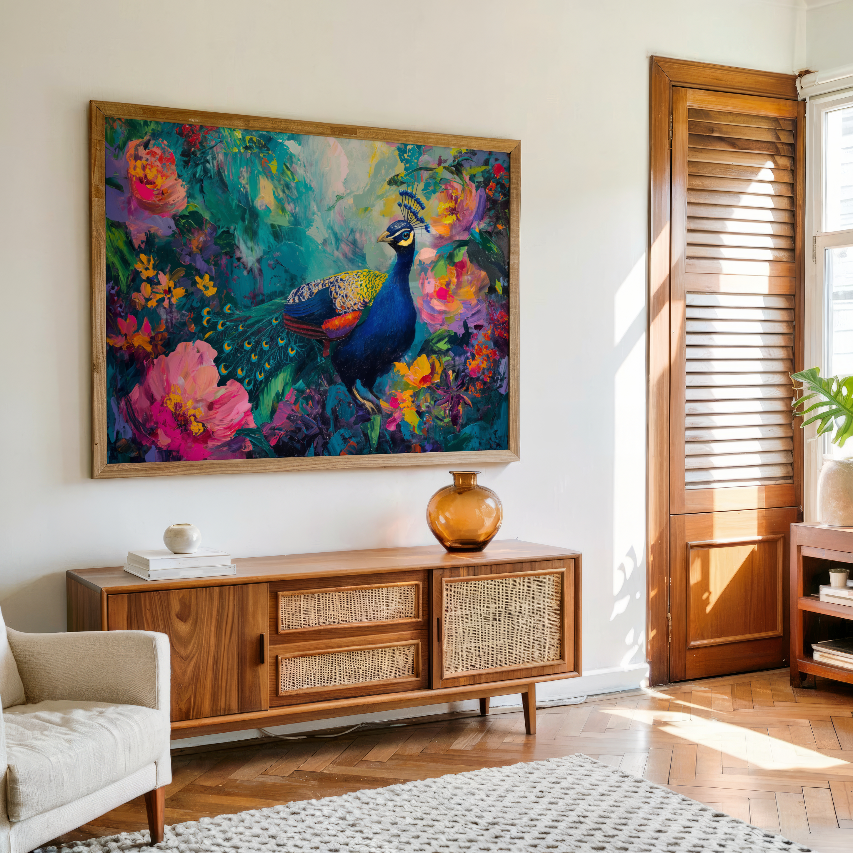 Vibrant peacock art print with bright floral background, digitally printed on premium canvas for living room decor