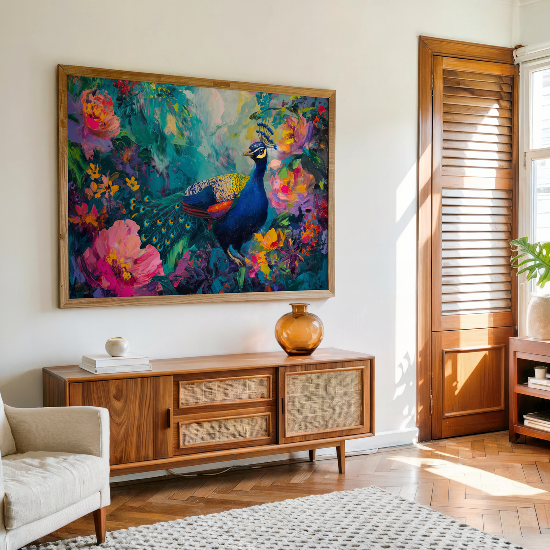 Vibrant peacock art print with bright floral background, digitally printed on premium canvas for living room decor
