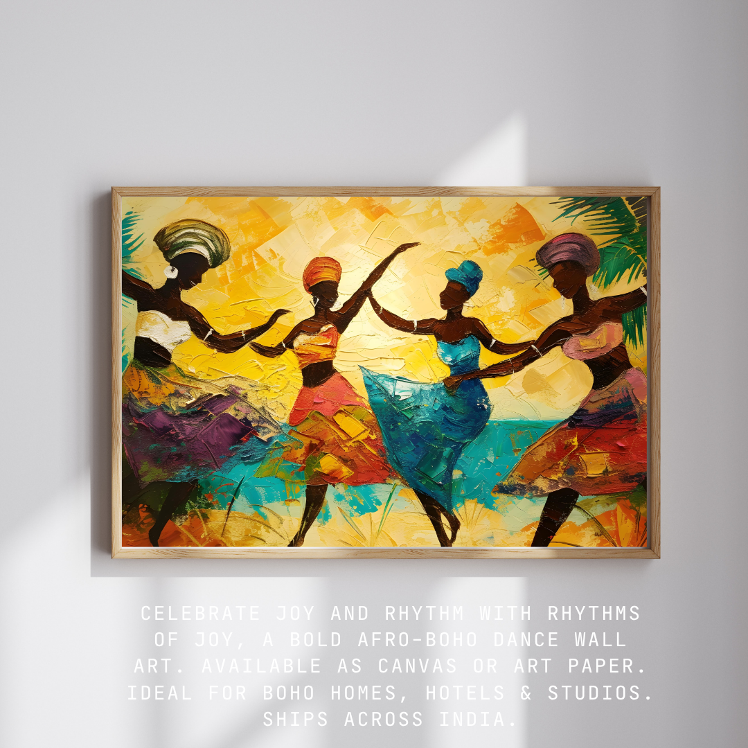 Abstract painting of four African women dancing with joy under the sunset sky by the sea