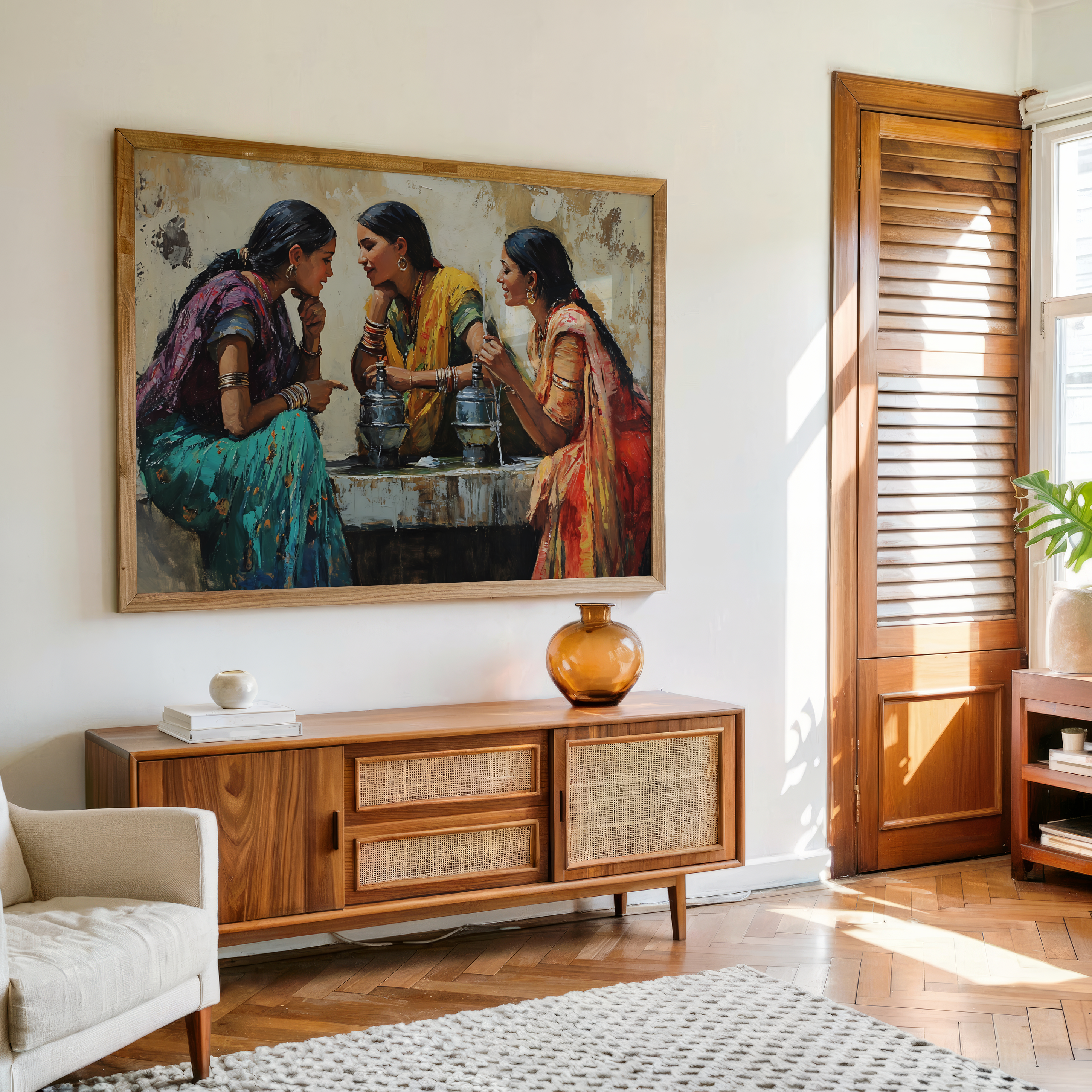 Canvas painting of Indian women gossiping at water fountain