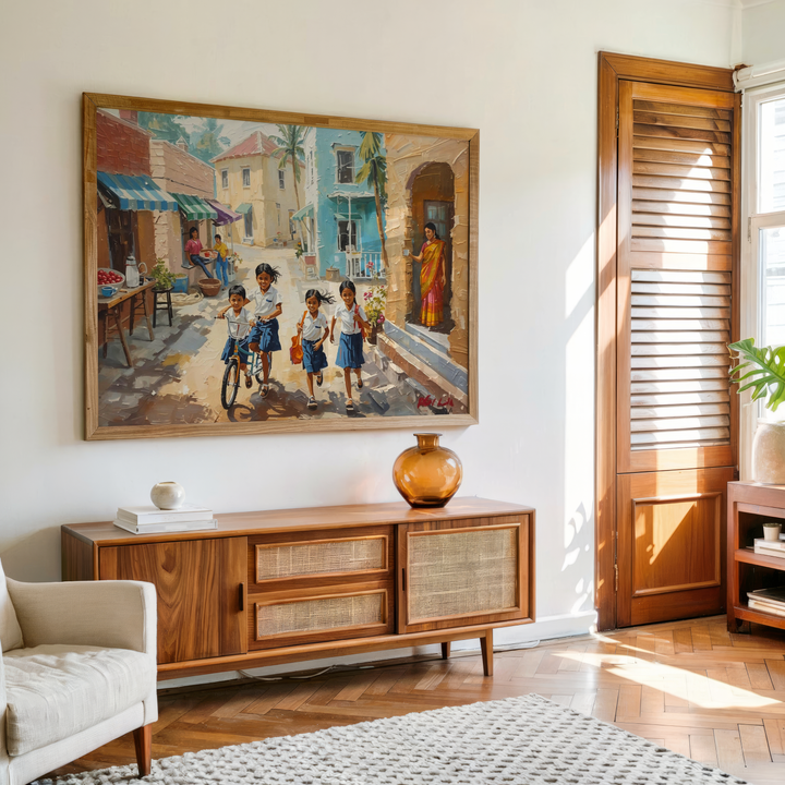 Canvas wall art of Indian school kids cycling to school – nostalgic painting