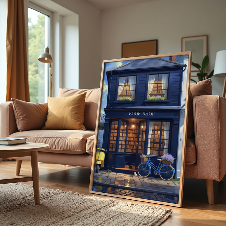 Framed artwork of a blue bookshop in a living room setting