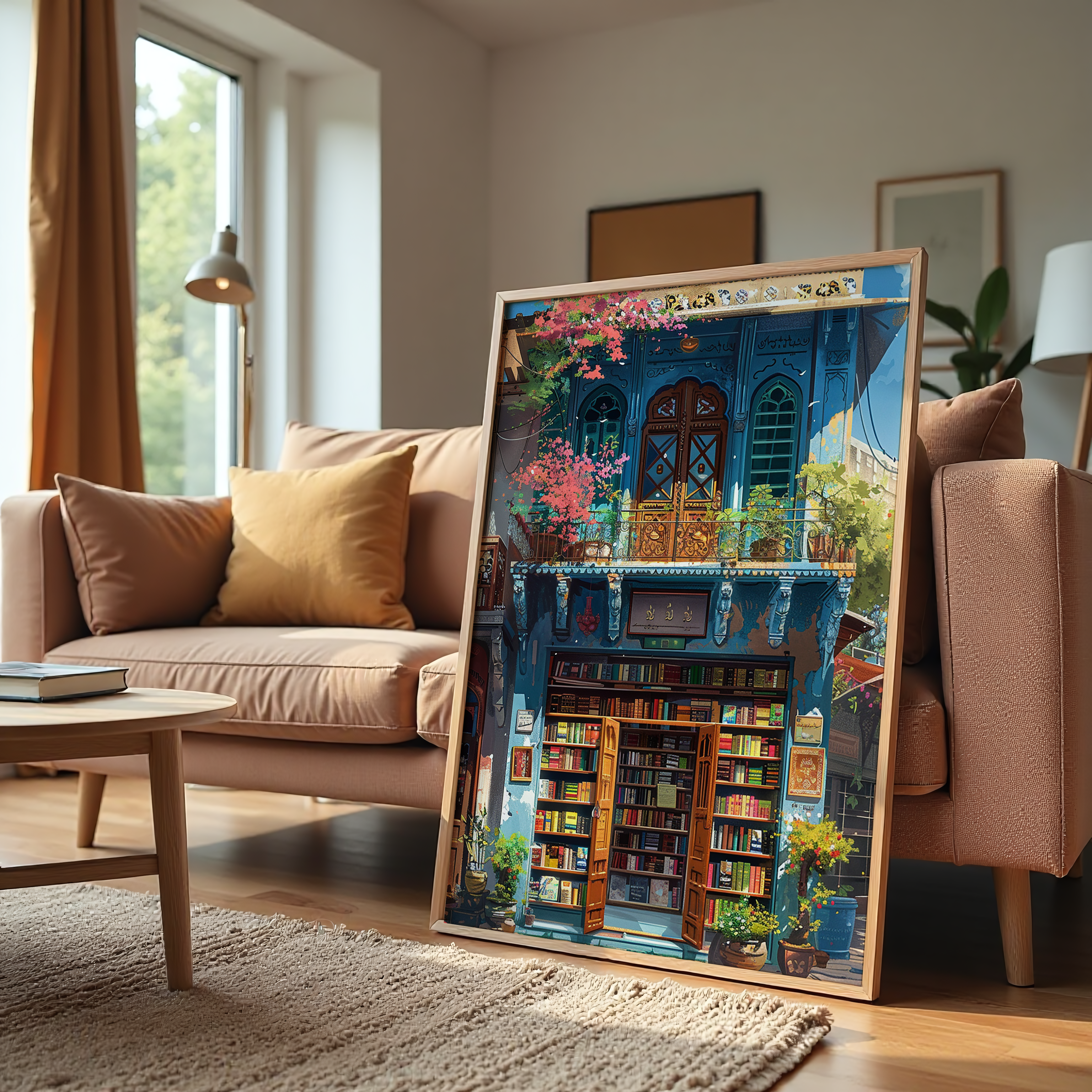 Charming old bookshop illustrated canvas wall art