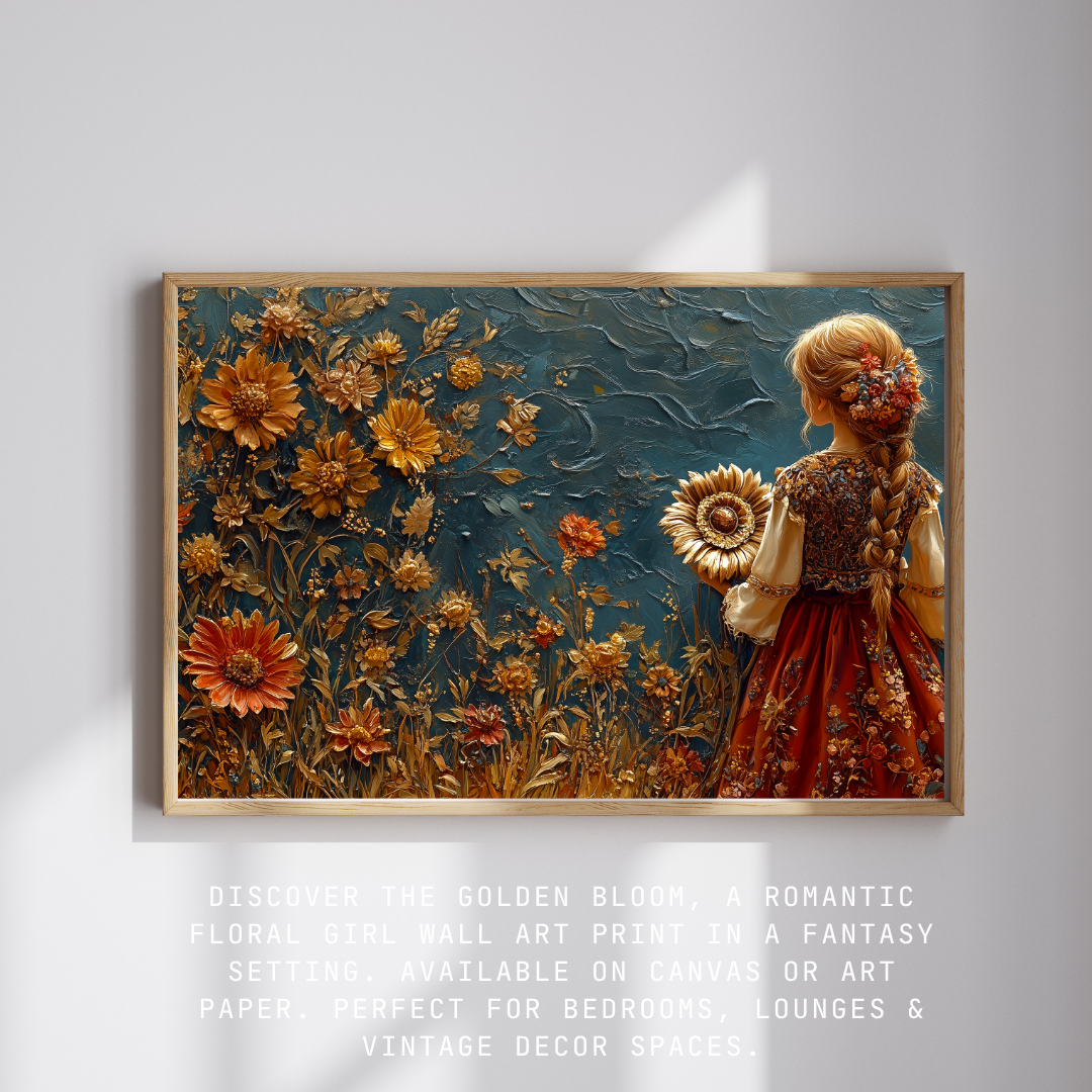 Charming fantasy-style artwork of a young girl holding a golden sunflower in a richly detailed floral field