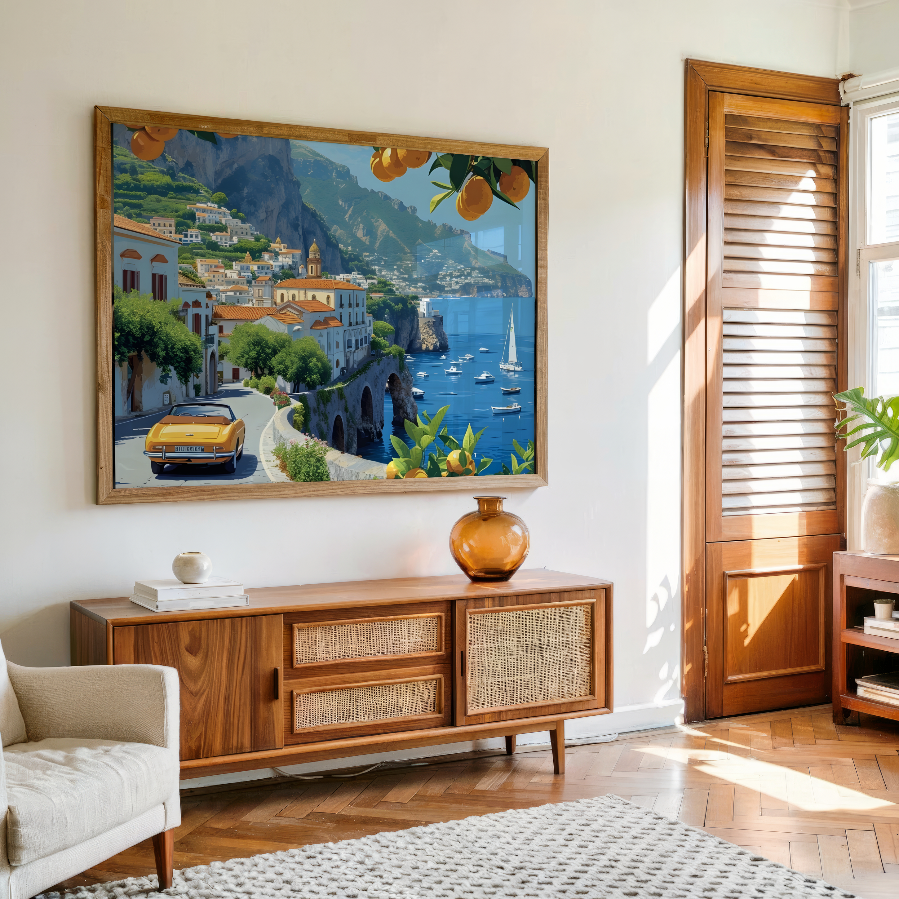 Yellow convertible driving along coastal road in Italy