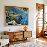 Yellow convertible driving along coastal road in Italy