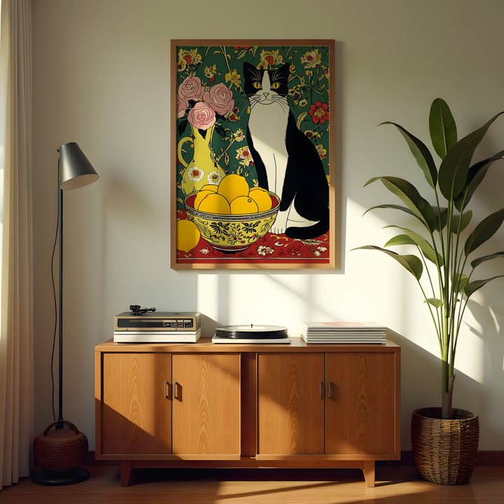 Vintage floral cat illustration canvas wall decor
