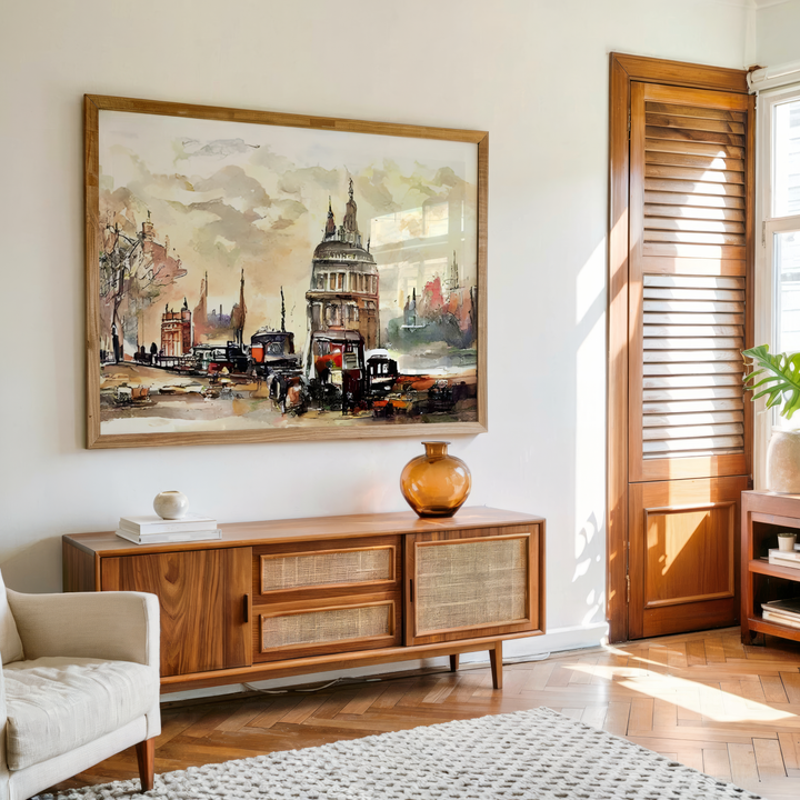 Vintage watercolor painting of London city buildings in brown and pastel tones, displayed as a canvas wall art.