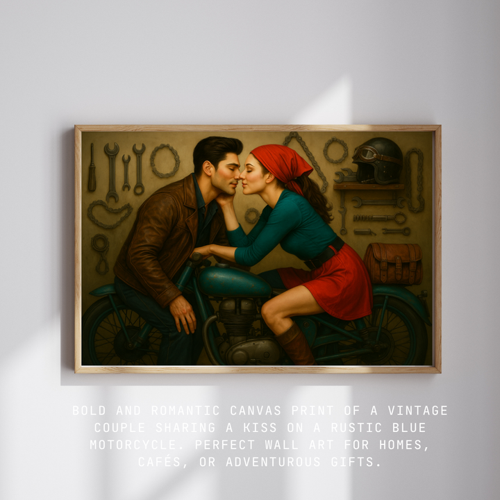 Canvas artwork of a romantic couple in retro outfits on a weathered motorbike