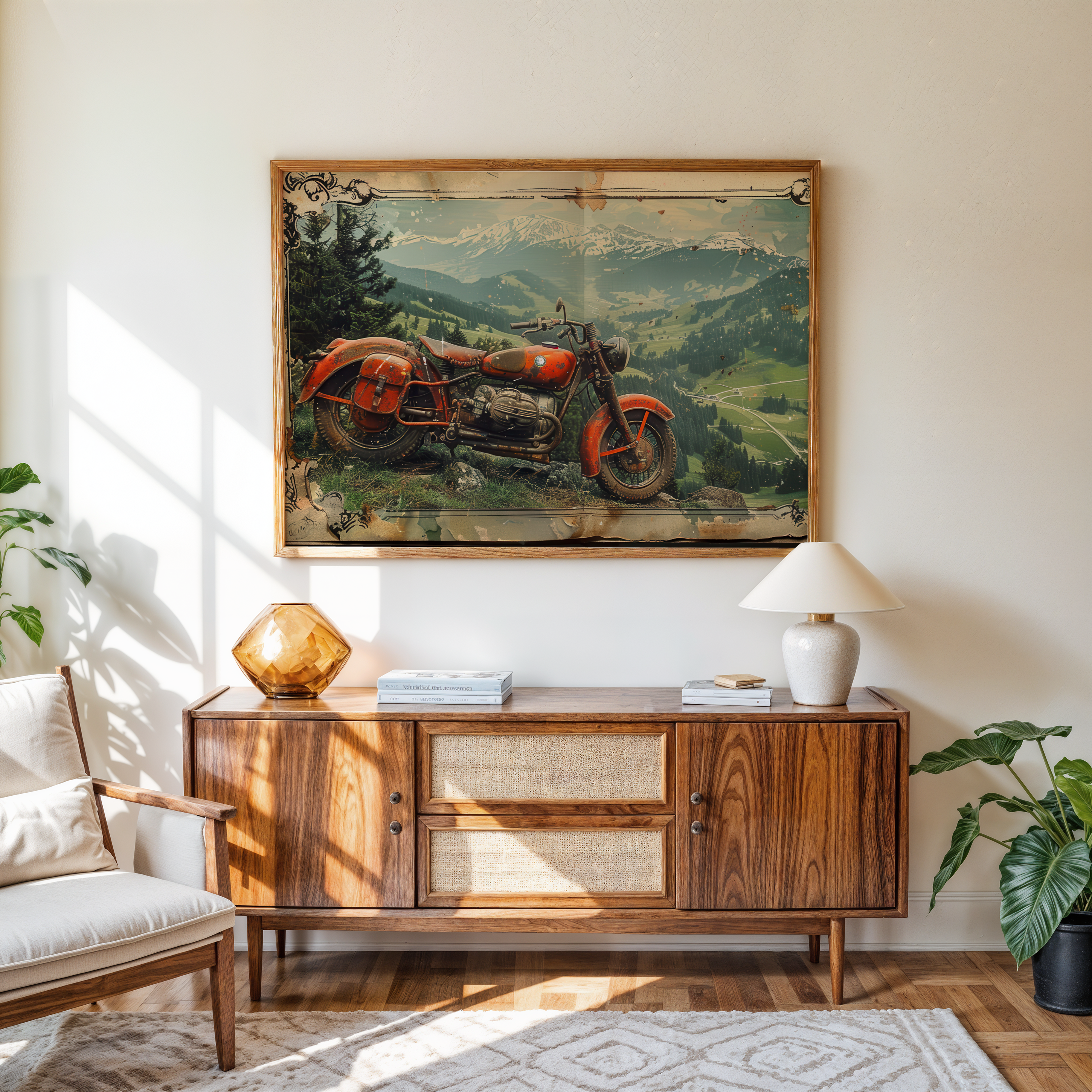 Vintage motorcycle mountain wall art canvas with scenic valley landscape and retro style