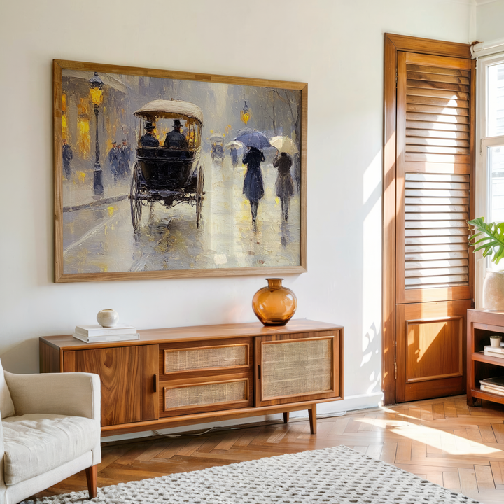 Vintage rainy street carriage canvas wall art with European evening city scene and umbrellas