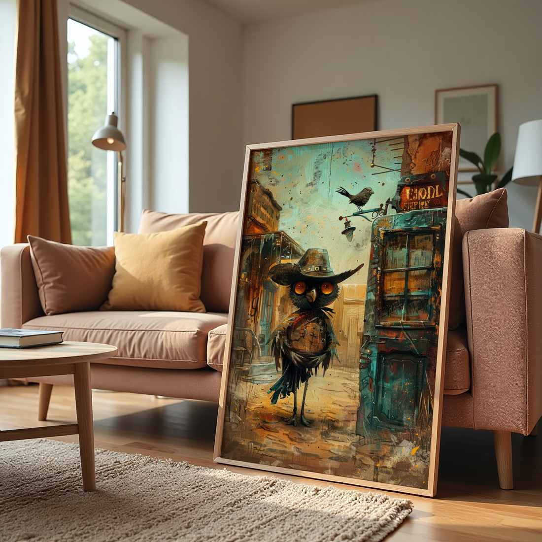 Vintage rustic cowboy owl canvas wall art for home and cafe decor in India