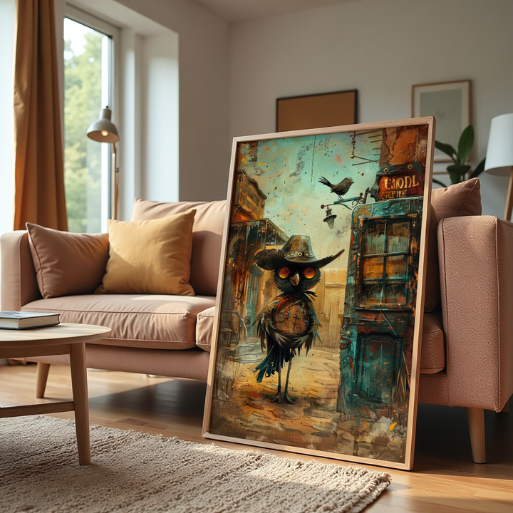 Vintage rustic cowboy owl canvas wall art for home and cafe decor in India