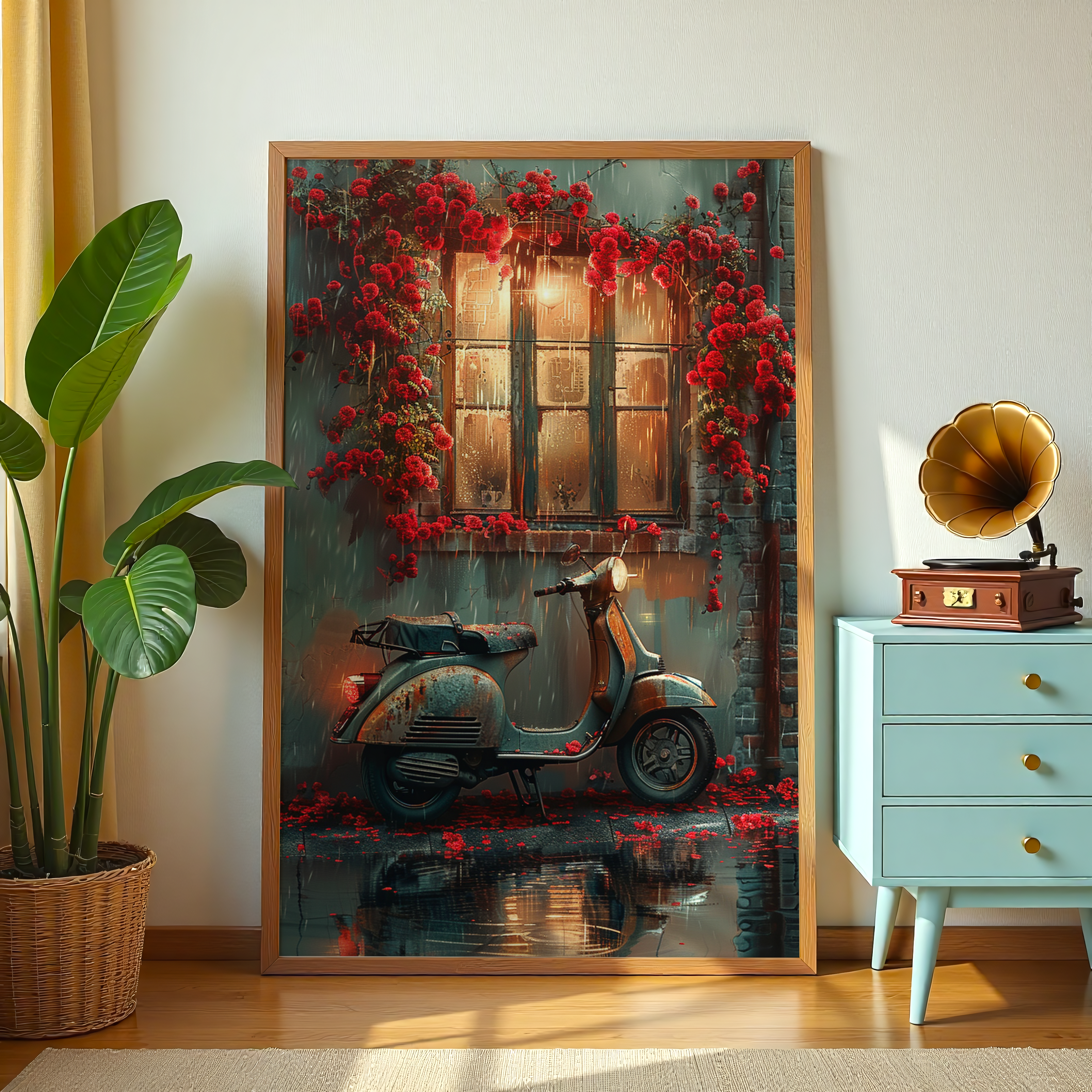 Romantic rainy night canvas wall art with frame and roses