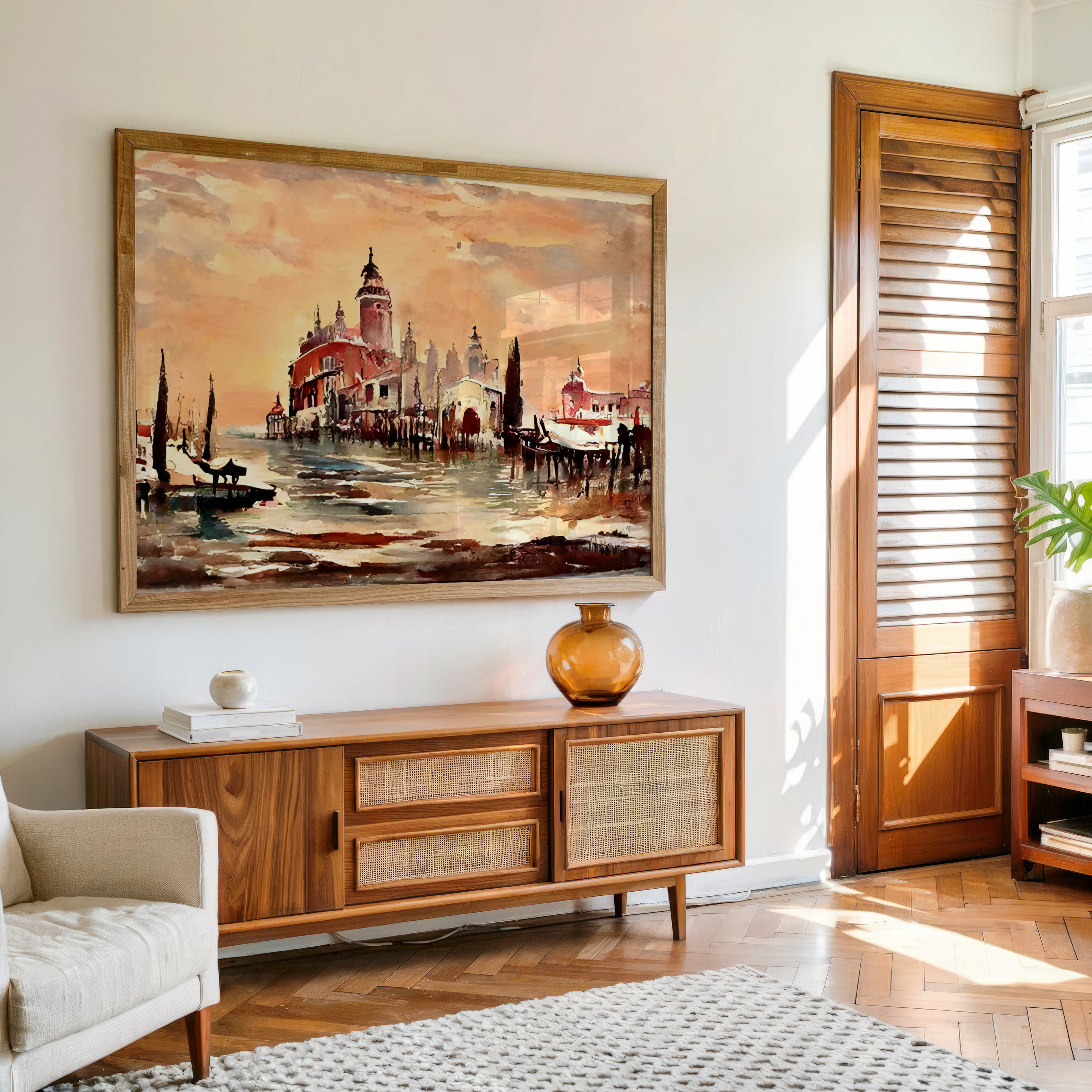 Vintage Venice sunset painting with gondolas and historic buildings on canvas