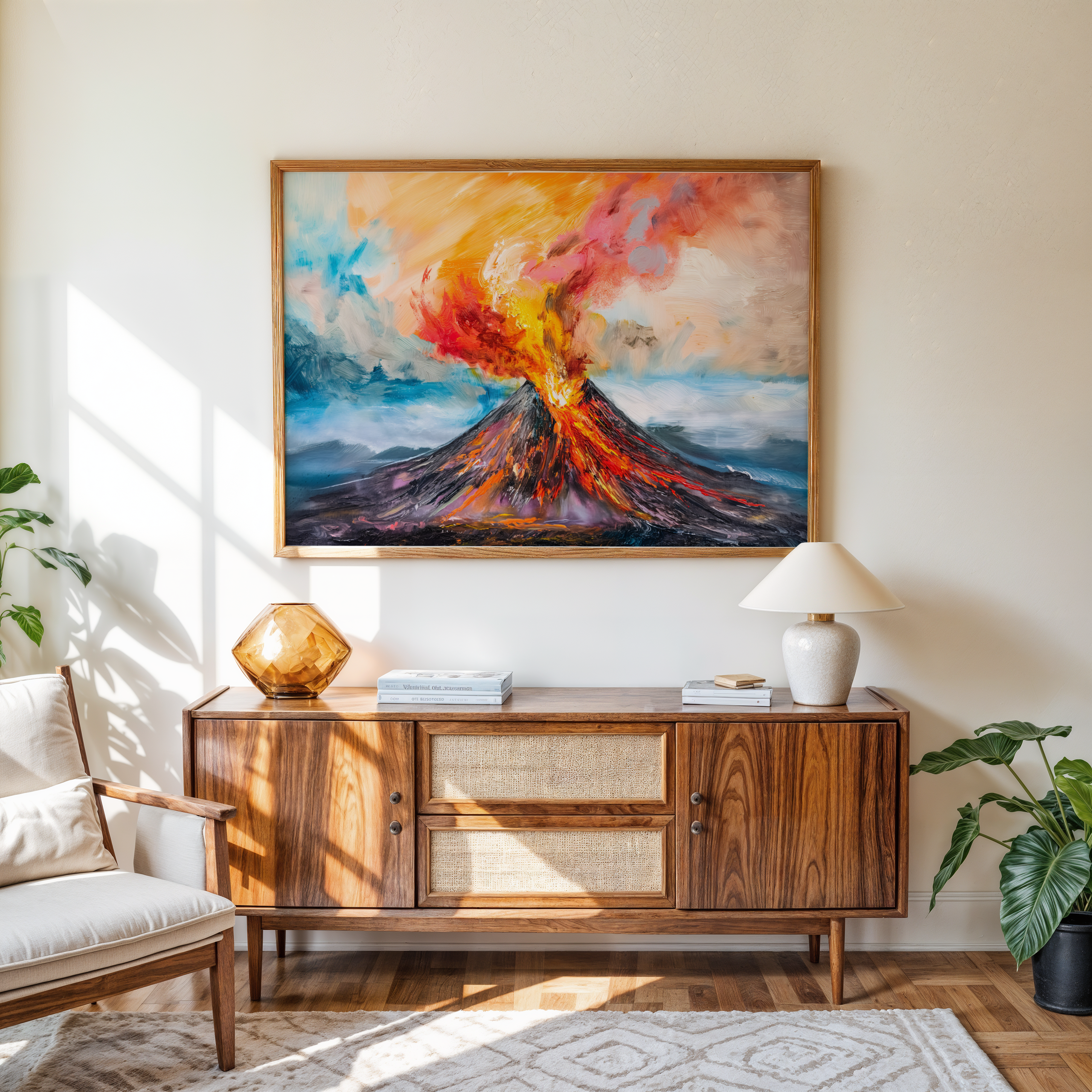 Abstract painting of erupting volcano with vibrant lava and smoke – canvas wall art