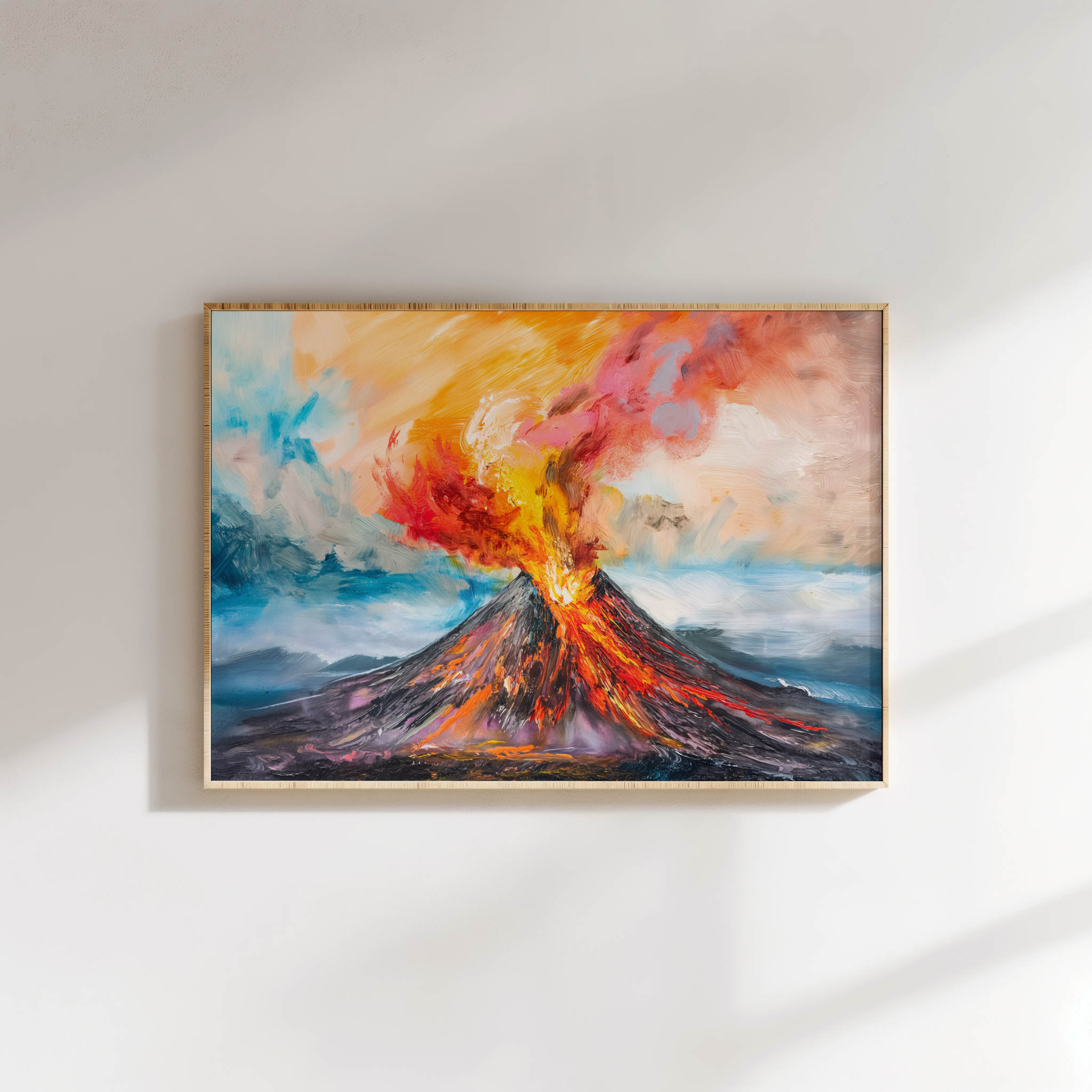 Expressionist volcano eruption painting in bold red, orange, and blue tones