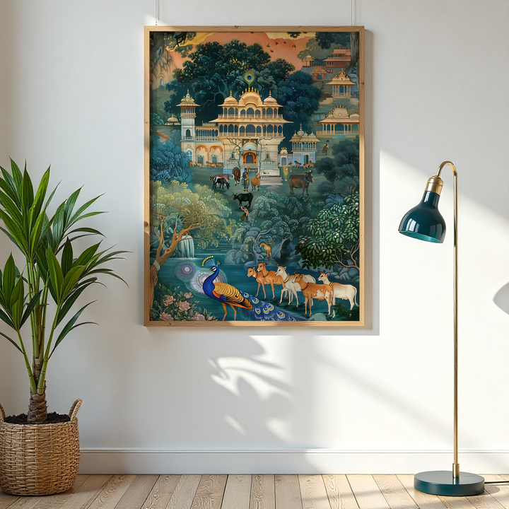 Traditional miniature-style artwork of a royal scene in Vrindavan