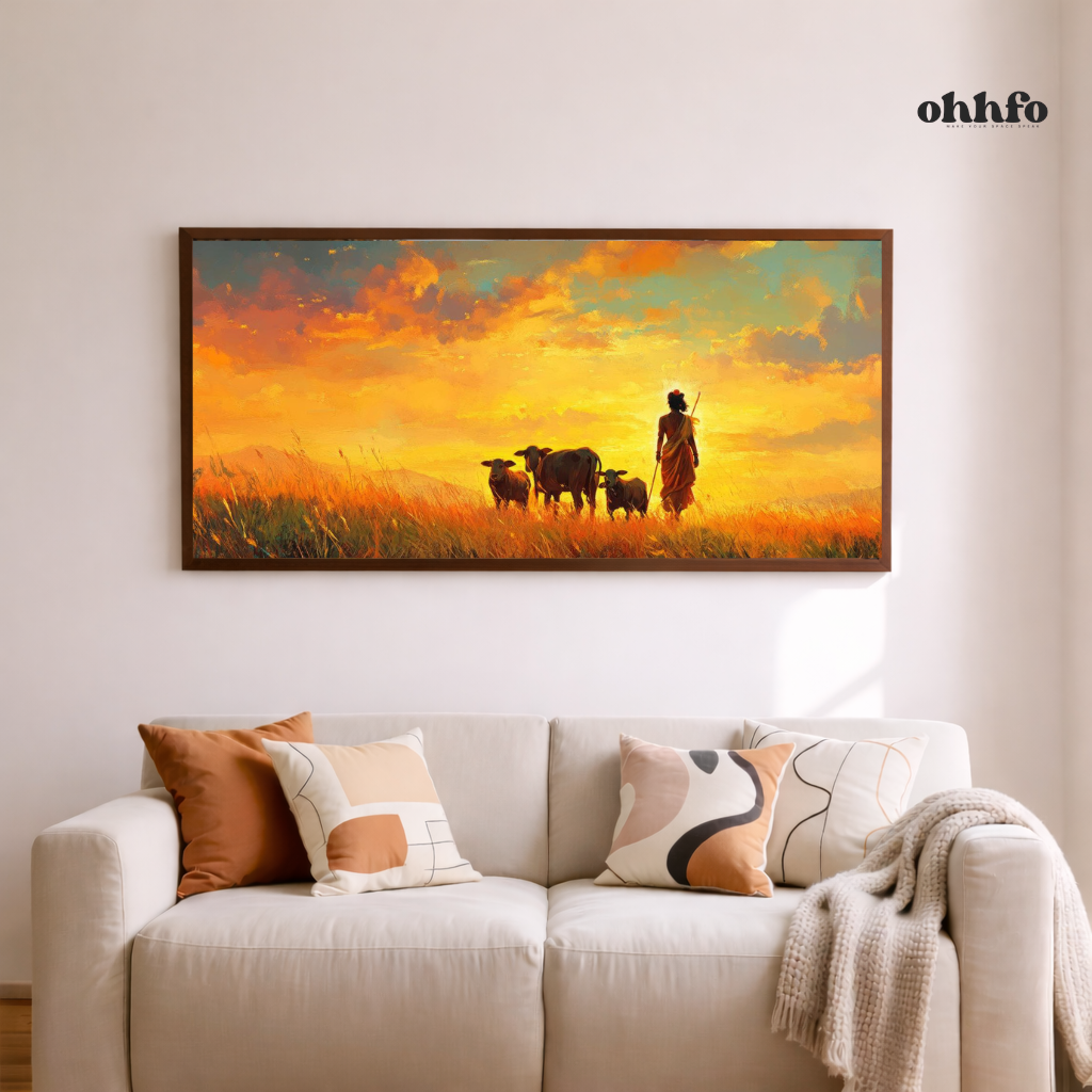Lord Krishna with Cows at Sunset Canvas Wall Art