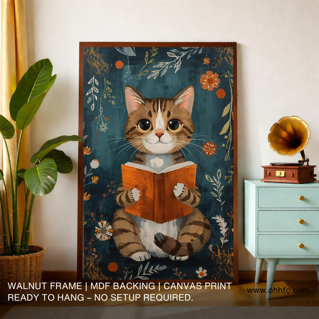 Boho Cat Reading Book Canvas Painting – Cozy Wall Art